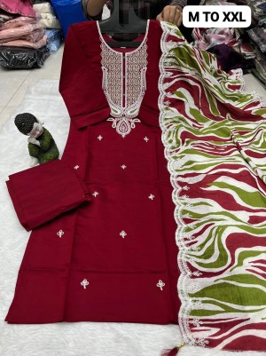 Designer digital sequence thread heavy roman silk cotton maroon kurti pant dupatta